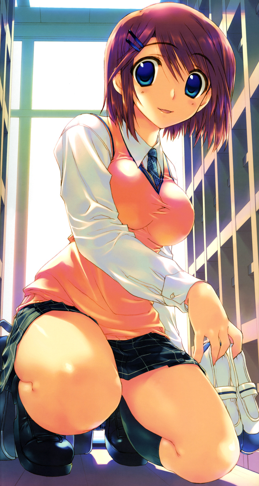 absurdres amazuyu_tatsuki blue_eyes breasts brown_hair copyright_request hair_ornament hairclip highres kneehighs kneeling large_breasts open_mouth school school_uniform short_hair skirt smile socks solo