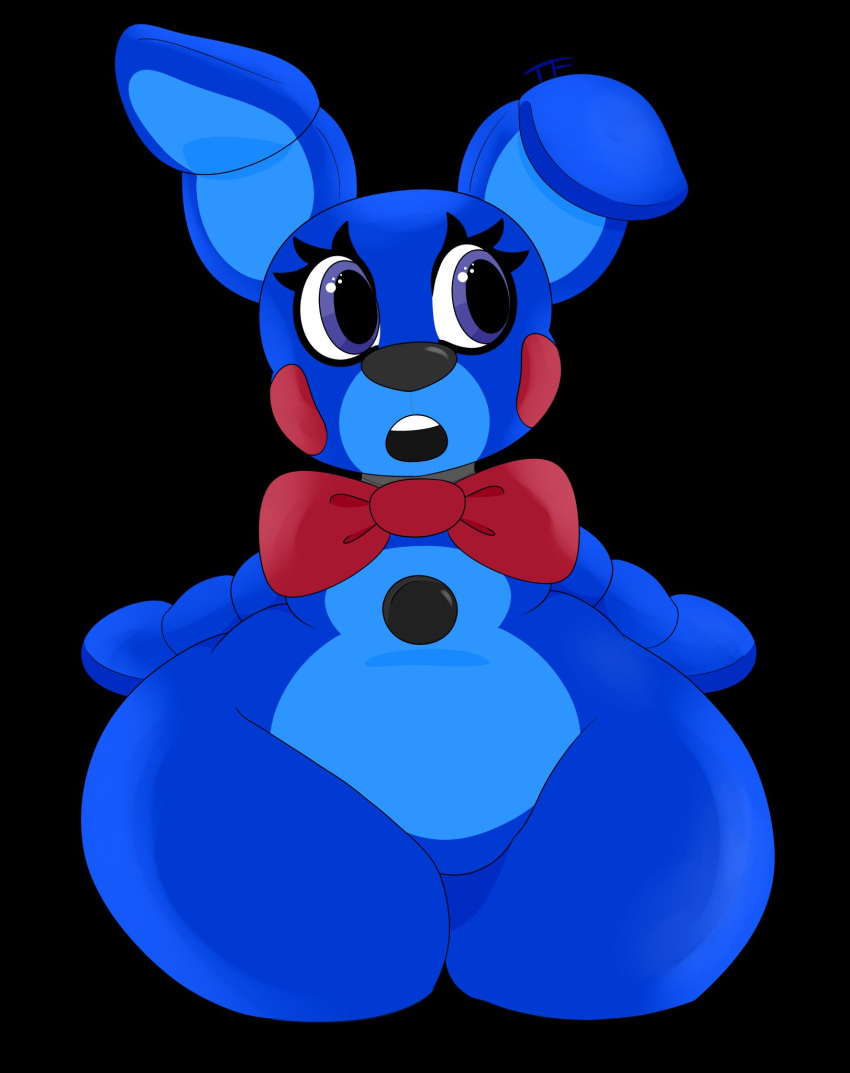2019 animatronic anthro anthrofied better_version_at_source black_background black_nose blue_body bow_tie button_(disambiguation) crossgender curvy_figure featureless_crotch female five_nights_at_freddy's flat_chested hi_res lagomorph leporid machine mammal open_mouth overweight overweight_female puppet_bonnie_(fnafsl) purple_eyes rabbit red_bow_tie red_cheeks robot short_stack simple_background sister_location solo spicysausages video_games wide_hips
