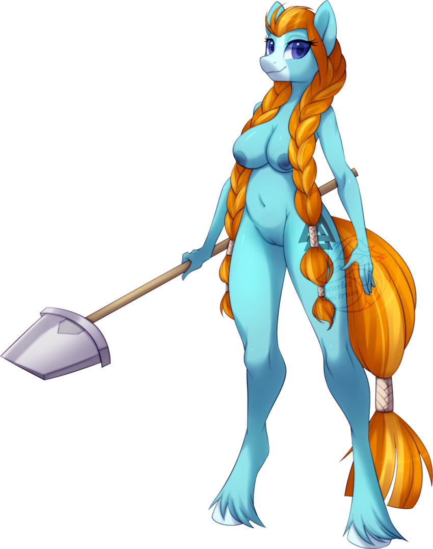 2021 alpha_channel anthro braided_hair breasts crossgender earth_pony equid equine female fetlocks friendship_is_magic genitals grey_body hair hasbro hi_res holding_object holding_shovel horse looking_at_viewer mammal my_little_pony nipples nude orange_hair pony pussy rockhoof_(mlp) scarlet-spectrum shovel signature simple_background smile solo tools transparent_background unguligrade_anthro