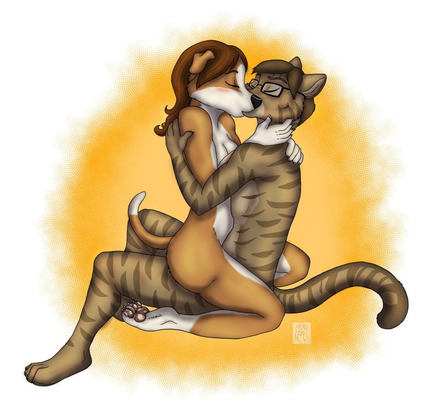 2019 4_toes 5_fingers anthro beagle black_nose blush breasts brown_body brown_fur brown_hair butt canid canine canis claws cuddling dan_lansdowne deep_kiss digital_media_(artwork) domestic_cat domestic_dog duo eyes_closed eyewear eyewear_only feet felid feline felis female finger_claws fingers floppy_ears fur glasses glasses_only hair hand_on_neck hand_on_shoulder hi_res hindpaw humanoid_hands hunting_dog intimate jupiterfox kissing kneeling krista_van_hoorn making_out male male/female mammal multicolored_body multicolored_fur nude passionate pawpads paws romantic romantic_ambiance romantic_couple scent_hound signature sitting striped_body striped_fur stripes tabby_cat toe_claws toes two_tone_body two_tone_fur white_body white_fur