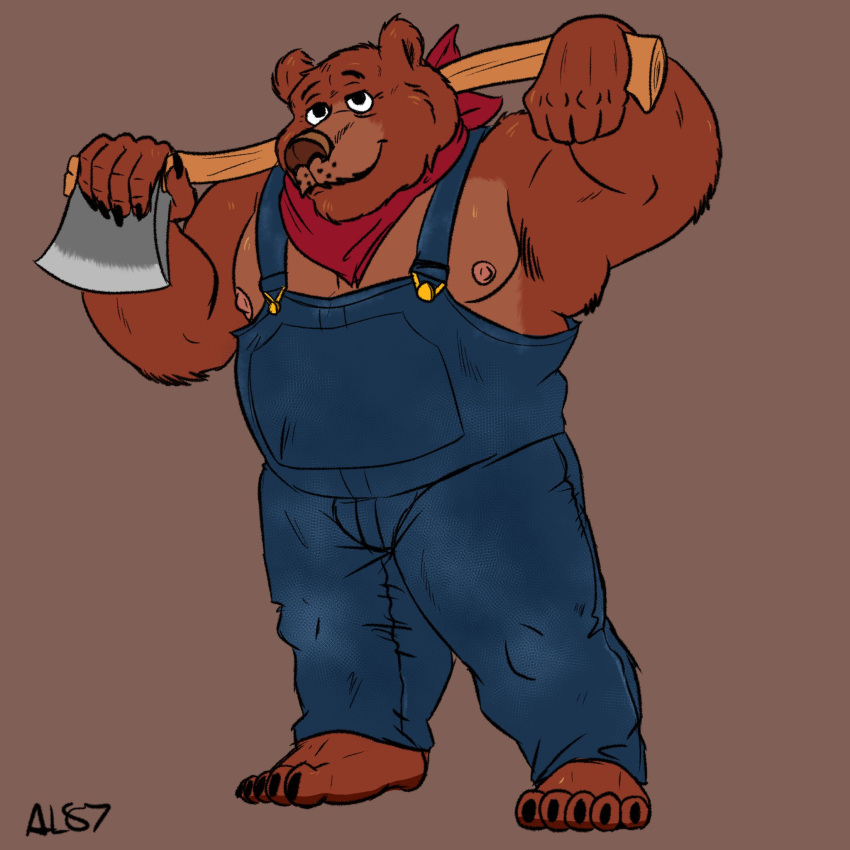 1:1 2020 allovic87 anthro axe brown_body brown_fur clothing fur hi_res humanoid_hands little_bear male mammal melee_weapon musclegut nipples overalls solo uncle_rusty_(little_bear) ursid weapon