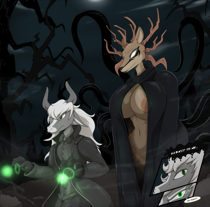 anthro antlers areola barely_visible_genitalia barely_visible_pussy bedroom_eyes big_breasts bigdon1992 bovid breasts caprine cervid cloak clothed clothing deity dialogue digital_media_(artwork) duo eon female forest fur genitals glowing glowing_eyes goat hair hi_res horn huge_breasts larger_female long_hair magic male male/female mammal mature_anthro mature_female monster narrowed_eyes night nipples plant pussy seductive size_difference smile specimen_8 spooky's_jump_scare_mansion tentacles tree video_games