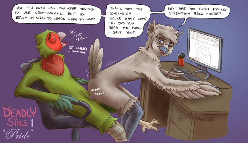 anthro assertive_female atticus_volpone avian beak bird casual_sex chair computer desk dialogue distracted distracted_sex dominant dominant_female duo english_text eyes_closed eyewear female furniture glasses green_body hi_res keyboard male male/female mocking office_chair on_bottom on_lap on_top open_mouth owl parrot power_bottom reverse_cowgirl_position sex sitting sitting_on_lap speech_bubble submissive submissive_male text