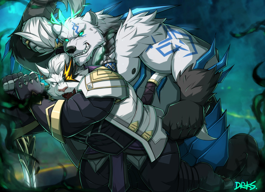 absurd_res biceps big_muscles breasts claws clothed clothing drks felid fur hair hi_res league_of_legends lion male male/male mammal muscular pantherine pecs rengar_(lol) riot_games tight_clothing topwear ursid video_games volibear white_body white_fur