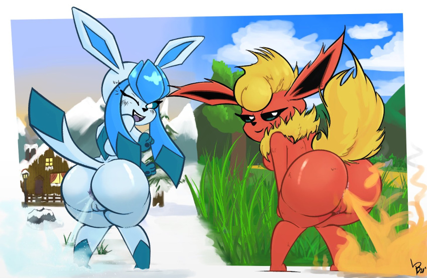 2021 anthro anus butt duo eeveelution fart fart_fetish female fire fire_fart flareon genitals glaceon grass ice lewdpunch nintendo nude one_eye_closed outside plant pok&eacute;mon pok&eacute;mon_(species) pussy rear_view snow video_games