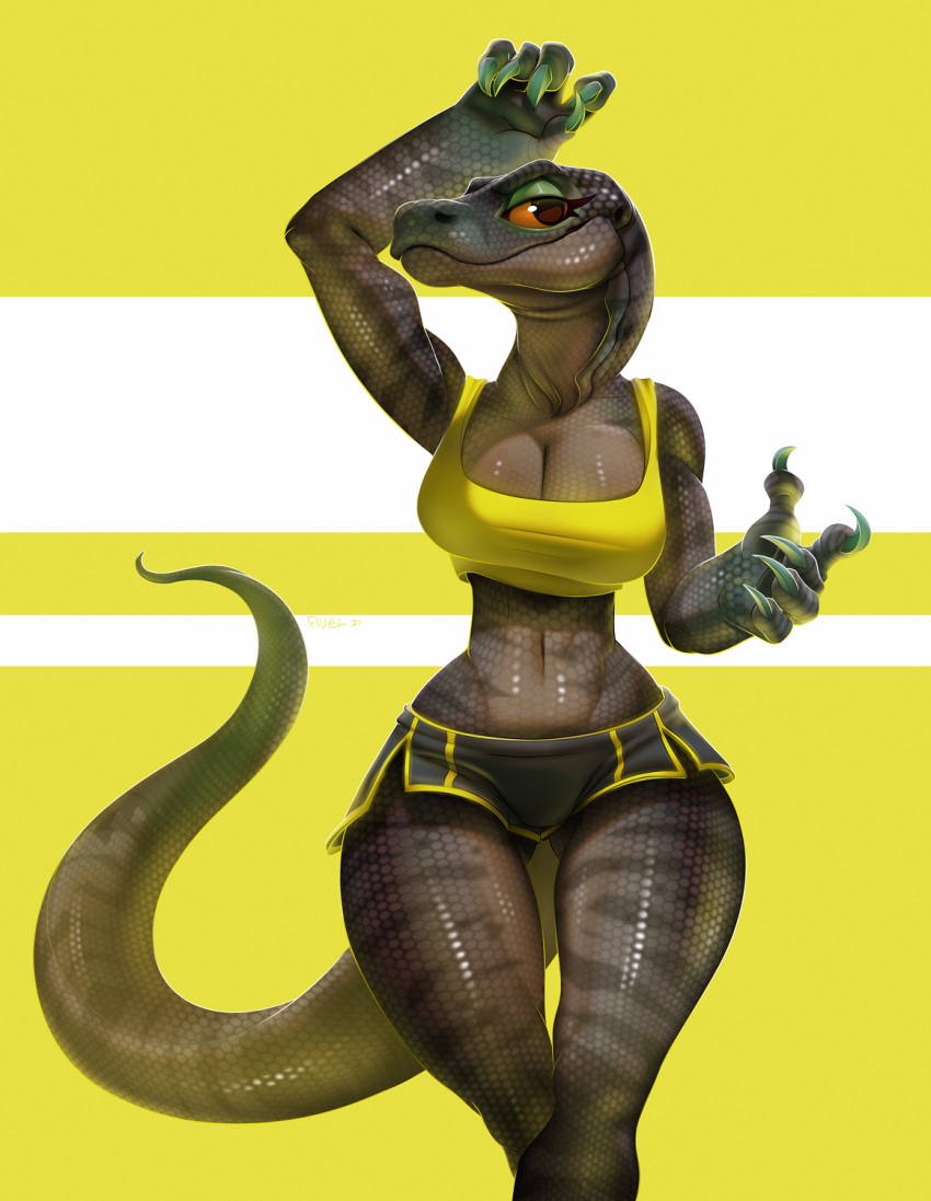 anthro bottomwear breasts brown_eyes claws clothed clothing female fivel hi_res hotpants komodo_dragon lizard looking_at_viewer midriff monitor_lizard navel non-mammal_breasts orange_sclera reptile scales scalie shorts simple_background smile white_background yellow_background