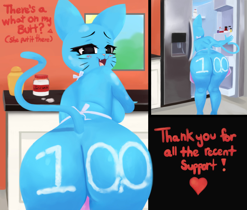 2021 absurd_res anthro blue_body breasts butt cartoon_network cute_fangs dialogue domestic_cat english_text felid feline felis female fridge hi_res inside looking_at_viewer mammal nebssik nicole_watterson open_mouth smile solo text the_amazing_world_of_gumball window