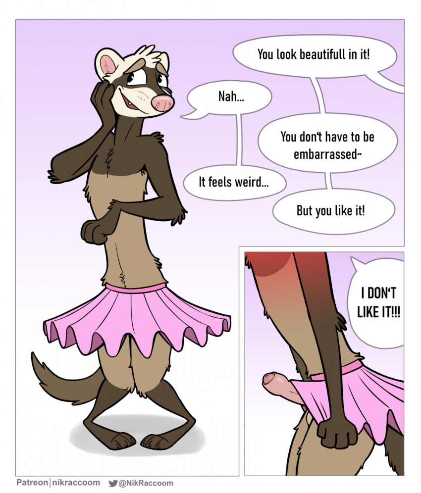 anthro better_version_at_source bottomwear clothed clothing crossdressing domestic_ferret embarrassed english_text erection erection_under_clothing genitals hi_res male mammal mustela mustelid musteline nik159 penis poking_out secretly_loves_it skirt skirt_boner solo text true_musteline until_they_like_it