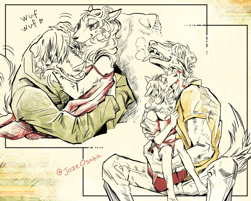 &lt;3 2021 5_fingers anthro barefoot beastars bovid canid canine canis caprine clothed clothing collot_(beastars) cuddling domestic_dog domestic_sheep duo embrace feet female fingers fur hair_over_eyes herding_dog hug humanoid_hands joze_osaka male male/female mammal merino_sheep off_shoulder old_english_sheepdog open_mouth open_smile pastoral_dog petting sebun_(beastars) sheep sheepdog shirt signature sitting smile teeth tongue tongue_out topwear wool_(fur)