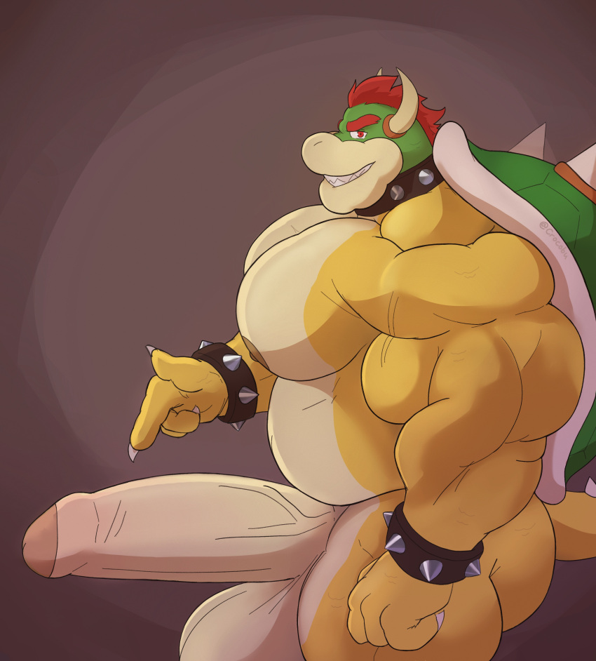 2021 absurd_res anthro balls biceps big_balls big_muscles big_penis bowser bracelet brown_background claws collar crocobu eyebrows foreskin genitals gesture hair hi_res horn huge_balls huge_muscles huge_penis humanoid_genitalia humanoid_penis jewelry koopa looking_at_viewer male mario_bros muscular muscular_anthro muscular_male nintendo nipples nude pecs penis pointing pointing_at_penis scalie shell side_view simple_background smile solo spiked_bracelet spiked_collar spiked_shell spikes spikes_(anatomy) standing uncut vein video_games