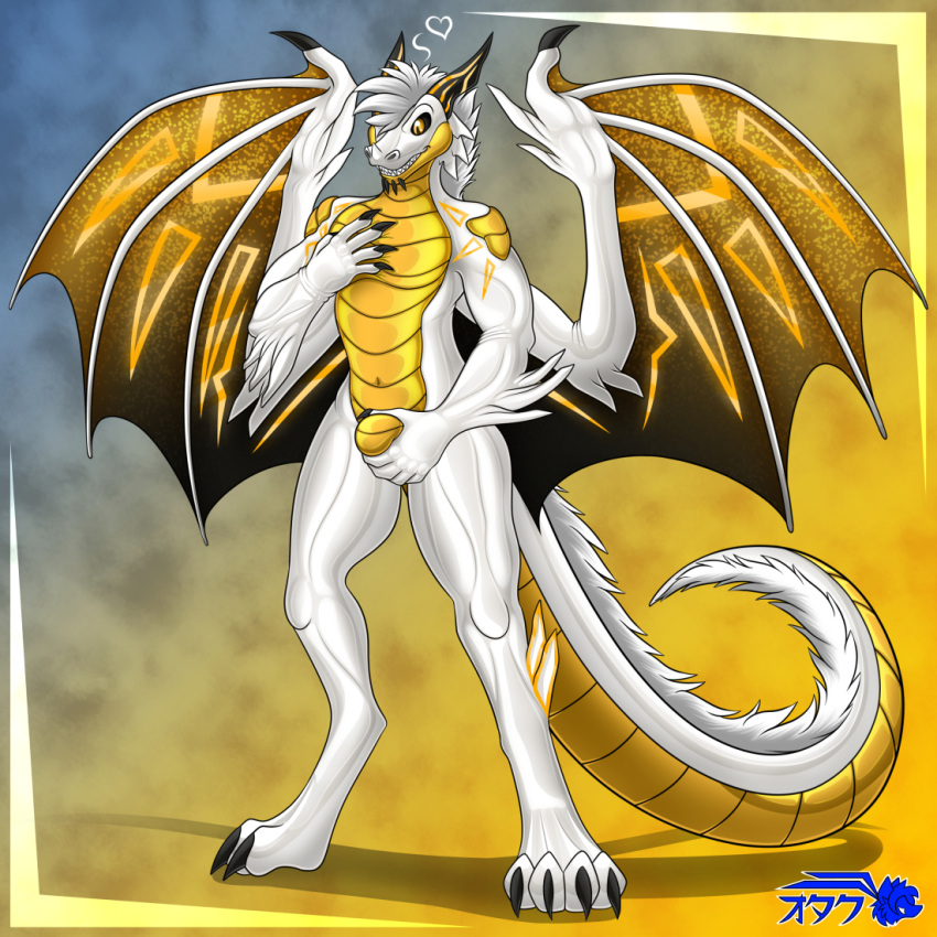 &lt;3 1:1 4_toes 5_fingers anthro bulge dragon feet fingers glistening glistening_body hand_on_bulge hand_on_chest horn male otakuwolf smile sol solo toes white_body