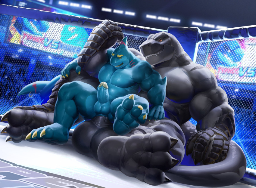 3_toes 4_fingers 5_fingers abdominal_bulge anal anal_penetration anthro anthro_on_anthro anthro_penetrated anthro_penetrating anthro_penetrating_anthro arena arm_markings ball_size_difference balls barazoku barefoot biceps big_balls big_muscles big_penis biped black_balls black_body black_claws black_markings black_penis black_scales black_sclera blue_balls blue_body blue_countershading blue_penis chair_position claws countershade_face countershade_genitalia countershade_penis countershade_torso countershading crowd deltoids detailed detailed_background digital_media_(artwork) dinosaur dominant dominant_anthro dominant_male duo erection facial_markings fangs feet fighting_ring fin fin_markings fin_piercing finger_claws fingers fish fist foreskin from_behind_position furgonomics furry-specific_piercing genitals glans glistening glistening_body grey_body grey_countershading grin group head_fin head_markings hi_res holding_another huge_balls huge_penis humanoid_genitalia humanoid_penis inside larger_anthro larger_male larger_on_bottom light lighting looking_at_another looking_down looking_pleasured male male/male male_penetrated male_penetrating male_penetrating_male marine markings multicolored_body muscular muscular_anthro muscular_male neck_markings nude obliques on_bottom on_ground on_top open_mouth open_smile orange_sclera pecs penetration penile penile_penetration penis penis_in_ass piercing plantigrade public quads raised_arm reclining red_eyes red_markings reptile retracted_foreskin scales scalie screen sex shaded shark sharp_teeth sitting sitting_on_ground size_difference smaller_anthro smaller_male smaller_on_top smile spread_legs spreading submissive submissive_anthro submissive_male tail_fin tail_piercing takahirosi teeth theropod three-quarter_view toe_claws toes triceps two_tone_body typhek tyrannosaurid tyrannosaurus tyrannosaurus_rex uncut vein veiny_penis xavier_(xamz) yellow_claws yellow_eyes yellow_glans yellow_markings
