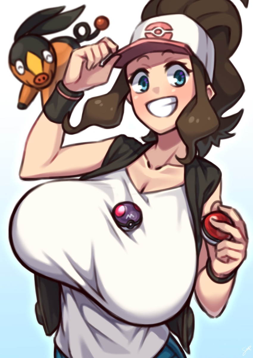 big_breasts blue_eyes breasts clothing coffeelove68 domestic_pig duo female feral gradient_background hair hat headgear headwear hi_res hilda_(pok&eacute;mon) holding_object holding_pok&eacute;ball huge_breasts human human_focus mammal master_ball multicolored_body multicolored_hat nintendo pok&eacute;ball pok&eacute;mon pok&eacute;mon_(species) ponytail shirt simple_background slim_figure small_waist smile suid suina sus_(pig) tepig tipping_hat topwear video_games white_clothing white_shirt white_topwear