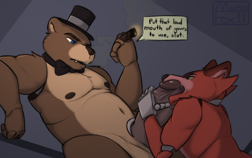 absurd_res anthro balls belly big_penis black_bow_tie blue_eyes bodily_fluids bow_tie canid canine cigar clothing degradation dialogue dialogue_box duo english_text five_nights_at_freddy's fox foxy_(fnaf) freddy_(fnaf) genitals glans hand_on_penis hat headgear headwear hi_res hook humanoid_genitalia humanoid_penis insult machine male male/male mammal marcofox navel nipples oral penis saliva smoke smoking suckling text ursid video_games yellow_eyes