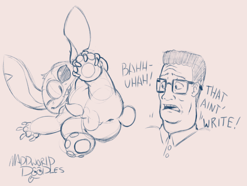 2021 4_fingers 4_toes alien anus balls butt claws dialogue disney duo english_text experiment_(lilo_and_stitch) eyewear feet fingers foot_grab frown fur genitals glasses hair hank_hill head_tuft hi_res human king_of_the_hill lilo_and_stitch maddworld male mammal notched_ear one_eye_closed open_frown open_mouth open_smile penis presenting presenting_hindquarters raised_leg short_hair signature simple_background sketch small_tail smile stitch_(lilo_and_stitch) text toes tuft wink