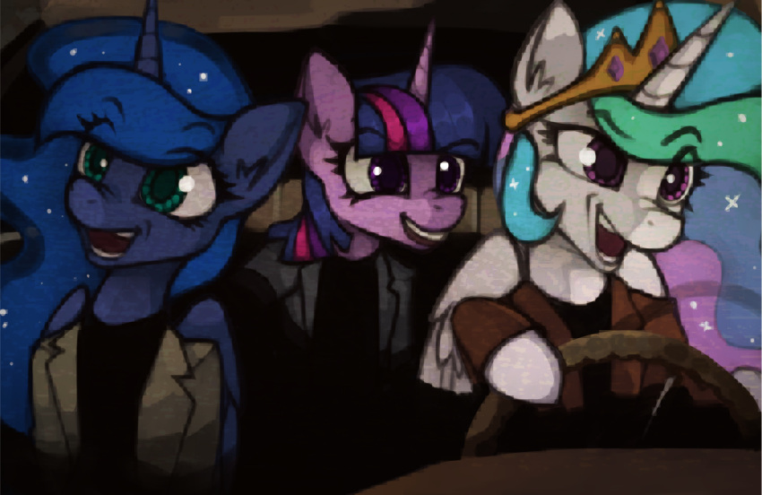 80's_theme blue_hair car clothed clothed_feral clothing cosmic_hair crown equid equine ethereal_hair feathered_wings feathers female feral friendship_is_magic group hair hasbro hi_res horn horse mammal marsminer meme multicolored_hair my_little_pony night_at_the_roxbury open_mouth open_smile pony princess_celestia_(mlp) princess_luna_(mlp) purple_eyes smile twilight_sparkle_(mlp) vehicle what_is_love winged_unicorn wings