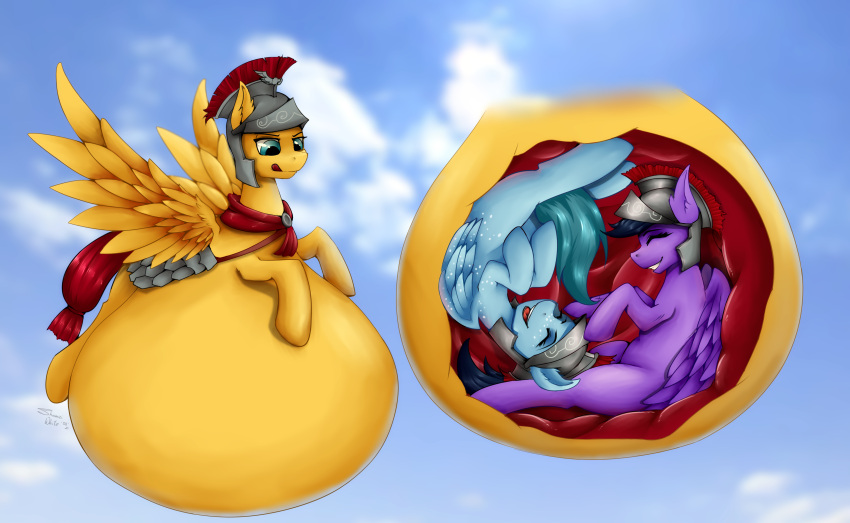 absurd_res armor bella_breeze belly big_belly equid equine feral flash_magnus flash_magnus_(mlp) flying friendship_is_magic hasbro headgear helmet hi_res internal mammal my_little_pony nimbus_dash pegasus shamziwhite sky smile vore wings