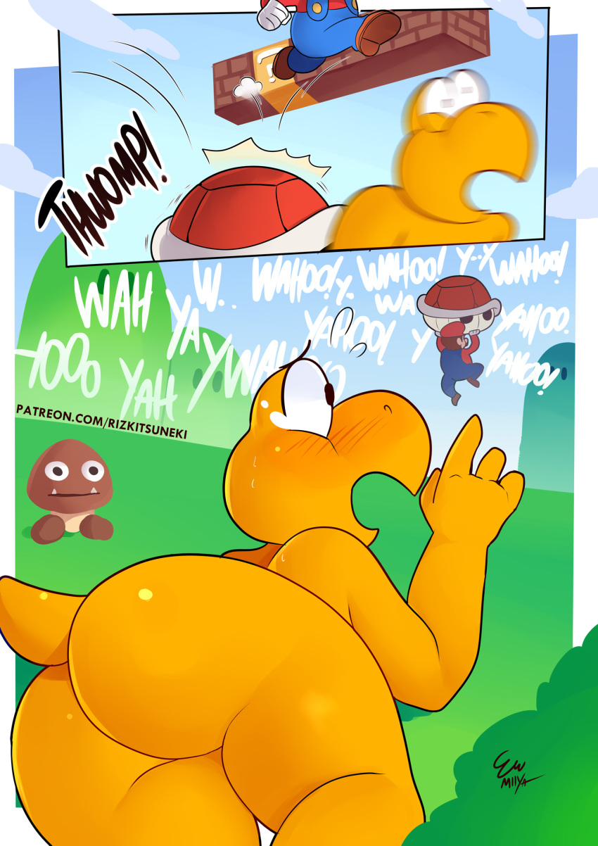 anthro assisted_exposure big_butt blush bodily_fluids butt crying embarrassed forced glistening glistening_body glistening_butt glistening_skin goomba hi_res human koopa koopa_troopa male mammal mario mario_bros mario_pissing nintendo nude public_exposure reptile rizkitsuneki scalie shell-less stubby_tail tears turtle video_games