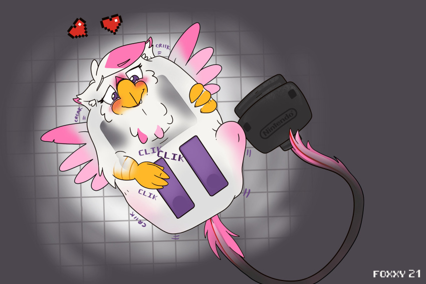 &lt;3 2021 absurd_res ambiguous_gender artist_name avian beak bird black_body blush controller cord eyebrows feathers feral_to_inanimate foxx foxxy_(foxxy-tf) game_controller hi_res inner_ear_fluff logo mouse_(object) multicolored_body nintendo nintendo_controller nintendo_logo pink_body pink_feathers pink_tail pixelated_heart purple_body purple_eyes red_heart scuted_arms solo sound_effects super_nes_mouse super_nintendo transformation tuft video_games wired_controller yellow_beak yellow_body