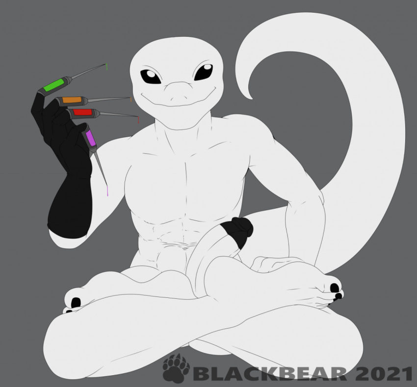 5_toes albino anthro athletic athletic_anthro athletic_male big_feet black_eyes black_nails blackbear circumcised circumcision_scar clothing colored_nails crossed_legs drugs erection feet gecko genital_scar genitals glans gloved gloves handwear humanoid_feet humanoid_genitalia humanoid_penis leucistic lizard male nails needle_(disambiguation) penis reptile scalie scar sitting smile smirk solo syringe thick_tail toes white_body