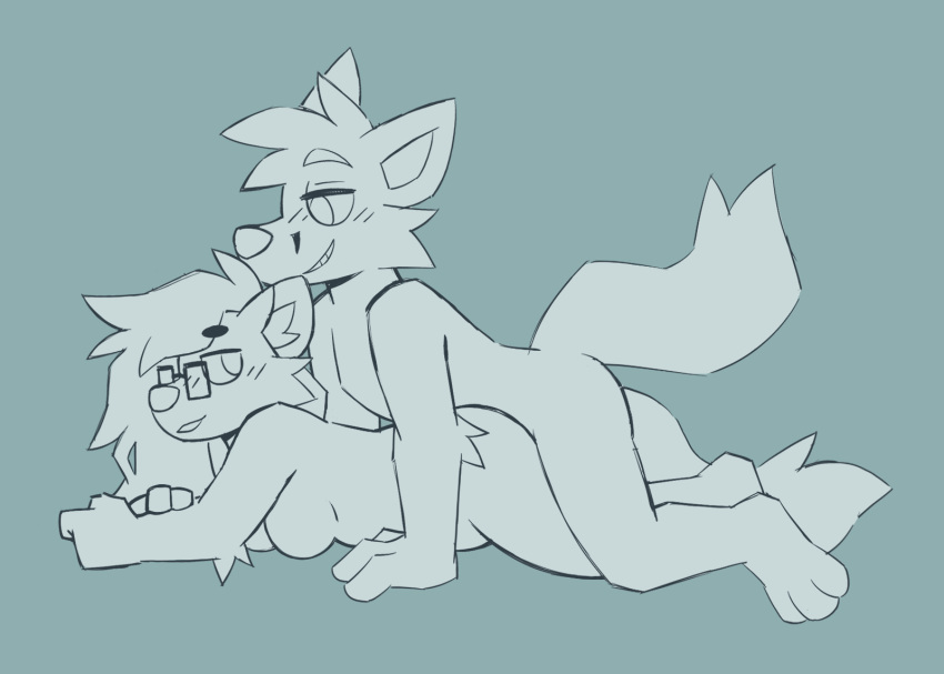 ambiguous_penetration animated anthro anthro_on_anthro arcadepup blush breasts canid canine duo eyewear featureless_breasts female female_on_bottom female_penetrated from_behind_position fur glasses gray_(lycanludens) grey_fox gulonine hair hi_res looking_back loop lying male male/female male_on_top male_penetrating mammal marten mustelid musteline on_bottom on_front on_top penetration pine_marten pup_(arcadepup) sex short_playtime smile urocyon