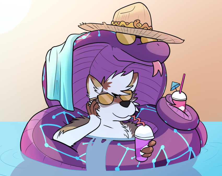 2021 anthro beverage blep canid canine canis captainzepto chilling clothing coiling day drinking_straw duo eyewear feral forked_tongue hat headgear headwear male mammal nomad_the_wolf reptile scalie snake summer sunglasses swimming tongue tongue_out towel water wolf