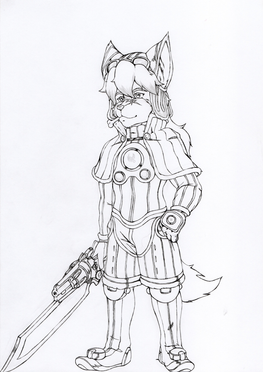 absurd_res anthro blaster canid canine canis cyberconnect2 domestic_dog foxero gun hi_res little_tail_bronx male mammal melee_weapon ranged_weapon red_savarin solatorobo sword traditional_media_(artwork) video_games weapon