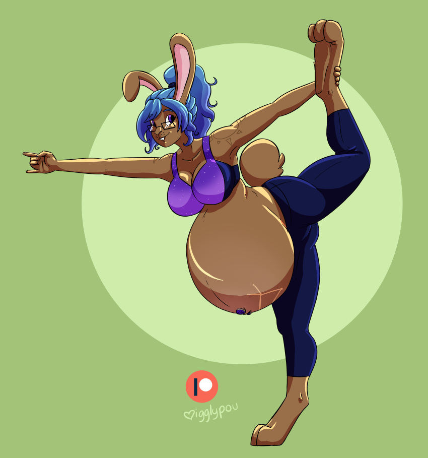 3_toes absurd_res belly big_belly blue_hair brown_body brown_fur eyewear feet fur glasses hair hi_res igglypou lagomorph leporid mammal navel navel_piercing on_one_leg piercing pregnant purple_eyes rabbit smile standing tattoo toes yoga