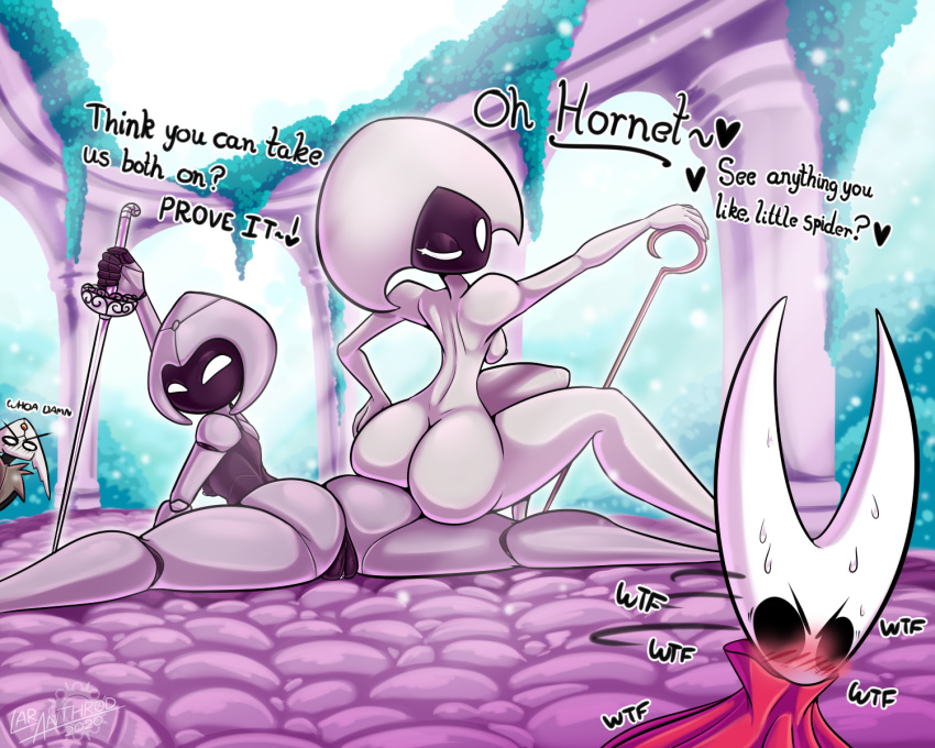 2020 5:4 ambiguous_gender annoyed arthropod blush bodily_fluids breasts butt detailed_background dialogue emery_(latiar) english_text fan_character fecharis female flexible genitals group harrold_(latiar) hi_res hollow_knight hollow_knight:_silksong hornet_(hollow_knight) humanoid lace_(hollow_knight) latiar nude one_eye_closed presenting presenting_pussy pussy side_boob splits spread_legs spreading sweat team_cherry teasing text vessel_(species) video_games white_body wink