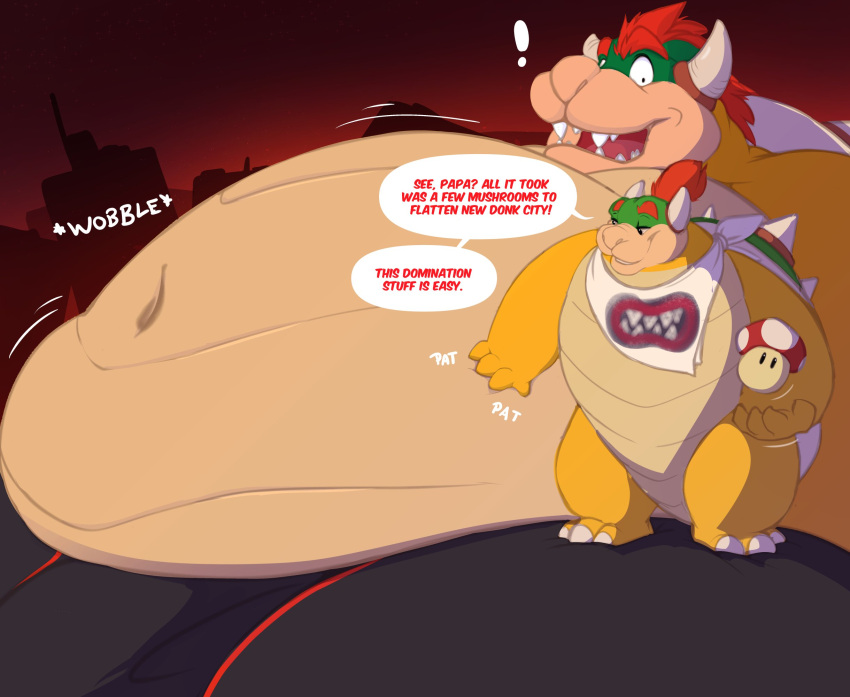 ! 2021 aged_up anthro anthro_on_anthro belly big_belly bottomwear bowser bowser_jr. city cityscape clothed clothing dialogue duo english_text eyebrows father father_and_child father_and_son fungus hair hand_on_stomach hi_res horn hyper hyper_belly koopa looking_at_another love_handles male male/male mario_bros morbidly_obese morbidly_obese_anthro morbidly_obese_male mosin motion_lines mushroom narrowed_eyes navel neckerchief nintendo obese obese_anthro obese_male onomatopoeia open_mouth outside overweight overweight_anthro overweight_male pants parent parent_and_child scalie shell sitting son sound_effects spiked_shell spikes spikes_(anatomy) standing text topless topless_male video_games weight_gain