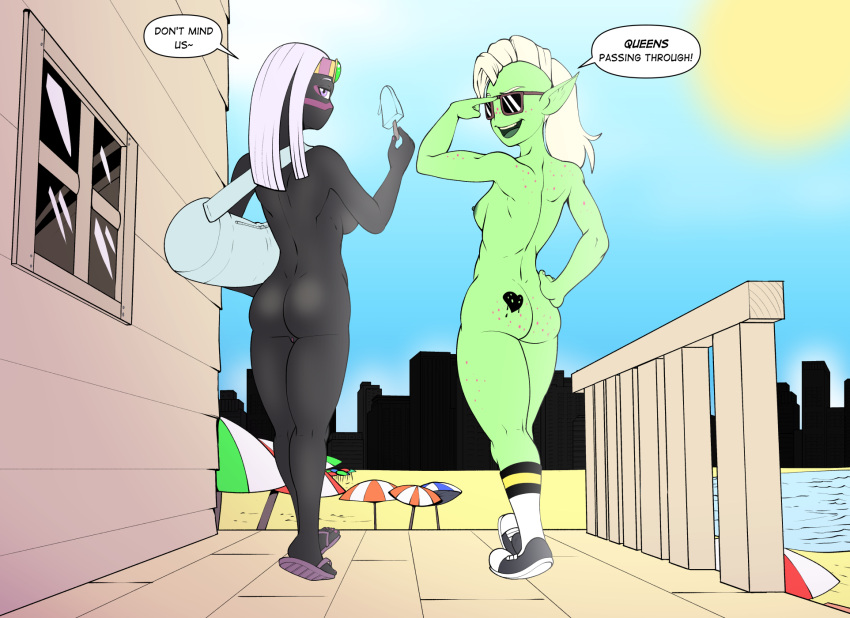 alien alien_humanoid black_body black_skin breasts butt butt_tattoo clothing crossover dialogue dialogue_box duck_dodgers duo english_text eyewear female food footwear fours_(artist) green_body green_skin hair hand_on_hip hi_res humanoid humanoid_pointy_ears looking_at_viewer looking_back lord_dominator martian_(duck_dodgers) mostly_nude not_furry popsicle queen_tyr'ahnee sandals shoes smile sneakers socks sunglasses talking_to_viewer tattoo text wander_over_yonder white_hair