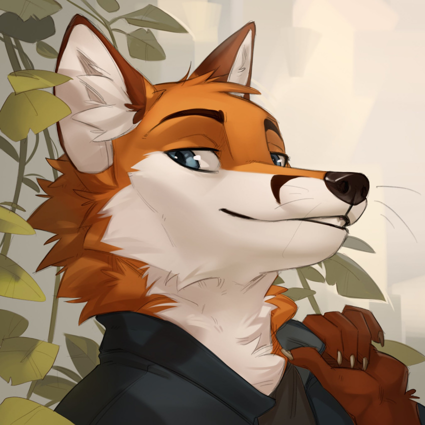 1:1 2021 5_fingers anthro black_lips black_nose blue_eyes brown_body brown_fur canid canine cheek_tuft clothed clothing eyebrows facial_tuft fingers fox fur head_tuft headshot_portrait hi_res lips male mammal neck_tuft orange_body orange_fur orphen-sirius plant portrait solo teeth topwear tuft whiskers white_body white_fur