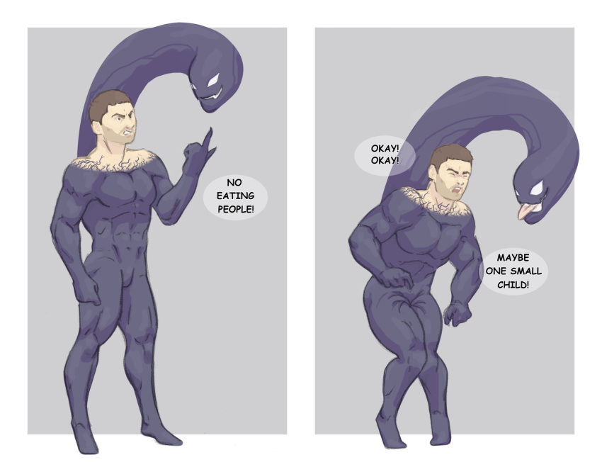 9x9 alien ballbusting cock_and_ball_torture duo eddie_brock english_text genital_torture human humanoid humor male male_focus mammal marvel muscular not_furry pain pecs smile symbiote text tongue tongue_out venom_(marvel)