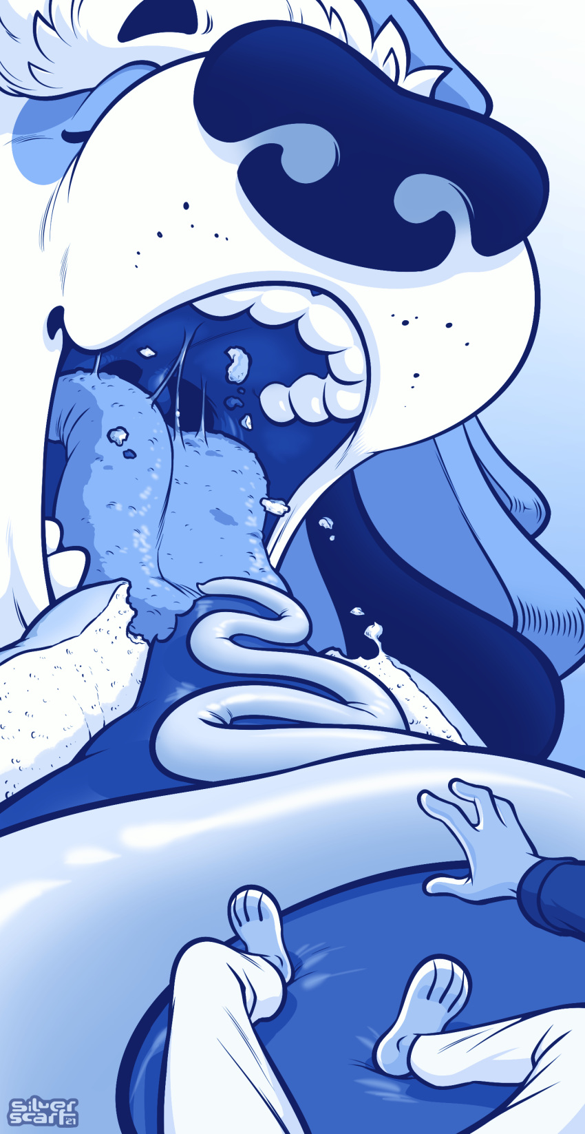 2021 4_fingers 4_toes absurd_res accident accidental_vore ambiguous_focus ambiguous_form ambiguous_gender ambiguous_pov ambiguous_pred ambiguous_prey anthro anthro_pov anthro_prey barefoot big_ears big_nose biped black_eyebrows blue_and_white blue_clothing blue_shirt blue_theme blue_topwear bodily_fluids bottomwear canid canine canis chewing clothed clothing dated digital_drawing_(artwork) digital_media_(artwork) domestic_dog dripping drooling duo eating eating_food eyebrows eyes_closed faceless_ambiguous faceless_anthro faceless_character fangs feet feet_first fingers first_person_view food food_fetish food_play front_view fur fur_tuft grey_background grey_text head_tuft hi_res high-angle_view hot_dog hungry imminent_vore larger_ambiguous larger_pred long_ears lying macro macro_focus macro_pred mammal micro micro_prey monochrome mouth_shot nude number on_back open_mouth oral_vore pants paws perspective perspective_shot pred_focus prey_pov saliva saliva_drip saliva_string shaded shirt signature silverscarf simple_background sitting size_difference size_play smaller_ambiguous smaller_anthro smaller_prey soft_vore solo_focus standing teeth three-quarter_view toes tongue topwear tuft unaware unaware_pred unaware_vore unwilling_prey unwilling_vore uvula vore vore_pov watermark white_body white_bottomwear white_clothing white_fur white_pants white_tuft