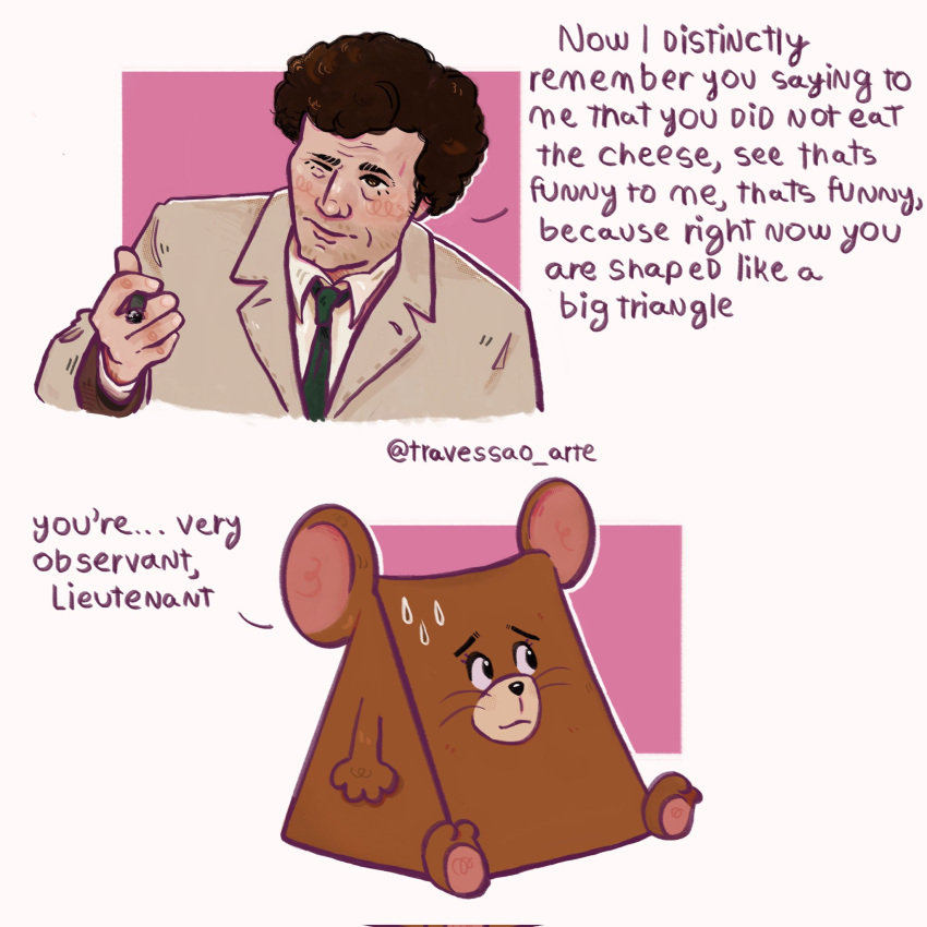 1:1 anthro bodily_fluids brown_body cigar clothed clothing columbo columbo_(series) crossover curled_hair dialogue duo english_text hair hi_res holding_cigar human humor jerry_mouse male mammal metro-goldwyn-mayer mouse murid murine narrowed_eyes necktie nervous pawpads pink_inner_ear rodent shirt squint suit sweat text tom_and_jerry topwear travessao_arte whiskers