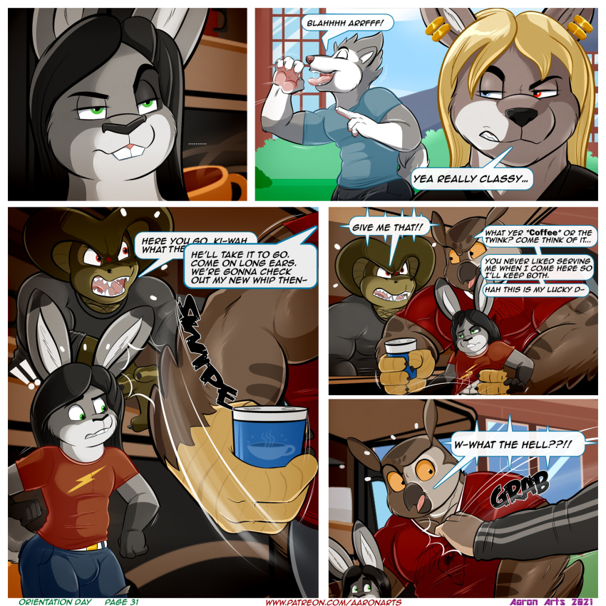 aaron_(artist) andy_porter anthro avian belt bird black_hair bulge canid canine canis clothed clothing cobra coffee_cup cole_(aaron) comic dialogue domestic_dog drake-van-howler dray_(aaron) english_text fur green_eyes grey_body grey_fur grey_hair group hair heterochromia hi_res husky lagomorph leporid male mammal noc_(aaron) nordic_sled_dog owl rabbit reptile scalie shirt shirt_grab snake speech_bubble spitz t-shirt text topwear url white_body white_fur