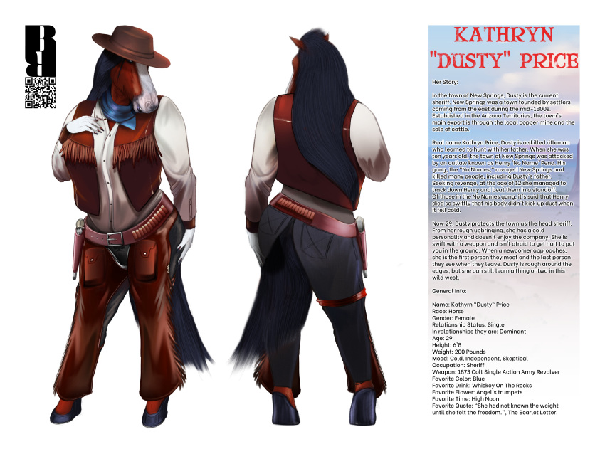 4:3 absurd_res anthro bandanna benjamin_ratterman big_breasts breasts cowboy digital_drawing_(artwork) digital_media_(artwork) english_text equid equine female hand_on_breast hand_on_butt hi_res holster holstered_pistol horse kathyrn_"dusty"_price kerchief mammal model_sheet qr_code sheriff solo text