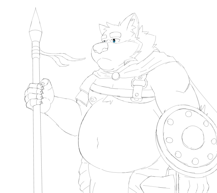 2021 anthro belly canid canine canis gladiator harushipanda hi_res male mammal moobs navel nipples overweight overweight_male shield simple_background sketch solo warrior weapon white_background wolf