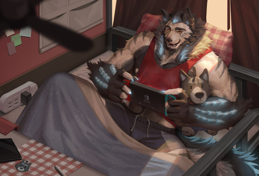 2021 adastra adastra_(series) amicus_(adastra) anthro bed biceps bottomwear canid canine canis clothing digital_media_(artwork) ear_piercing echo_project fur furniture hair hi_res male mammal multicolored_body multicolored_fur muscular muscular_anthro muscular_male nintendo nintendo_switch on_bed piercing plushie shorts solo striped_body striped_fur stripes topwear video_games visual_novel wball wolf