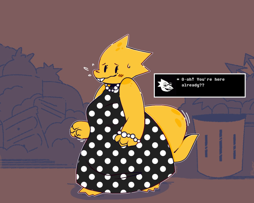 alphys anthro beady_eyes blush bodily_fluids bracelet breasts buckteeth claws clothed clothing detailed_background dialogue dialogue_box dress english_text eyewear female flowgence front_view fully_clothed glasses hi_res jewelry lizard melee_weapon necklace nervous non-mammal_breasts polearm polka_dots reptile scales scalie smile solo spear standing sweat teeth text thick_tail three-quarter_view trash trash_can undertale video_games wavy_mouth weapon yellow_body yellow_scales