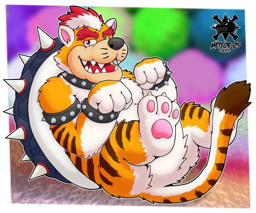 2021 3_toes anthro armband biped border bowser bracelet claws collar feet felid feline fur hi_res jewelry koopa looking_at_viewer male mammal mario_bros meowser meteorzerofive narrowed_eyes nintendo open_mouth orange_body orange_fur pawpads pink_pawpads red_eyes scalie shell solo spiked_armband spiked_bracelet spiked_collar spiked_shell spikes spikes_(anatomy) striped_body striped_fur stripes teeth toe_claws toes video_games white_body white_border white_fur