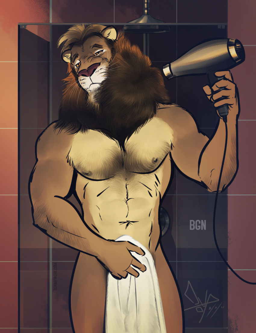 abs anthro bathroom bgn biceps blonde_hair body_hair brown_body brown_fur byron_(bgn) chest_hair chest_tuft covering covering_crotch felid fur hair hair_dryer hairy hi_res holding_object holding_towel lion looking_at_viewer male mammal mane mane_hair multicolored_body multicolored_fur muscular muscular_anthro muscular_male muscular_thighs narrowed_eyes navel nipples nude pantherine pecs shower shower_head solo squint tan_body tan_fur towel towel_only tuft