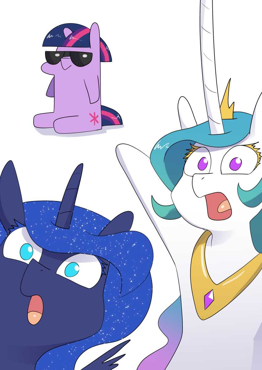 absurd_res blue_eyes blue_hair crown equid equine eyewear friendship_is_magic hair hasbro hi_res horn jewelry mammal my_little_pony necklace princess_celestia_(mlp) princess_luna_(mlp) purple_eyes sitting sparkles sunglasses tiara twilight_sparkle_(mlp) two_soyjaks_pointing underpable unicorn