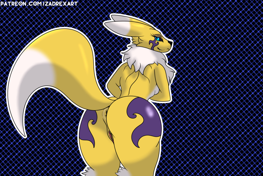 3:2 anthro anus bandai_namco breasts butt digimon digimon_(species) digital_media_(artwork) female fur genitals hi_res looking_at_viewer markings nude presenting puffy_anus pussy raised_tail rear_view renamon simple_background smile solo standing white_body white_fur yellow_body yellow_fur zadrex