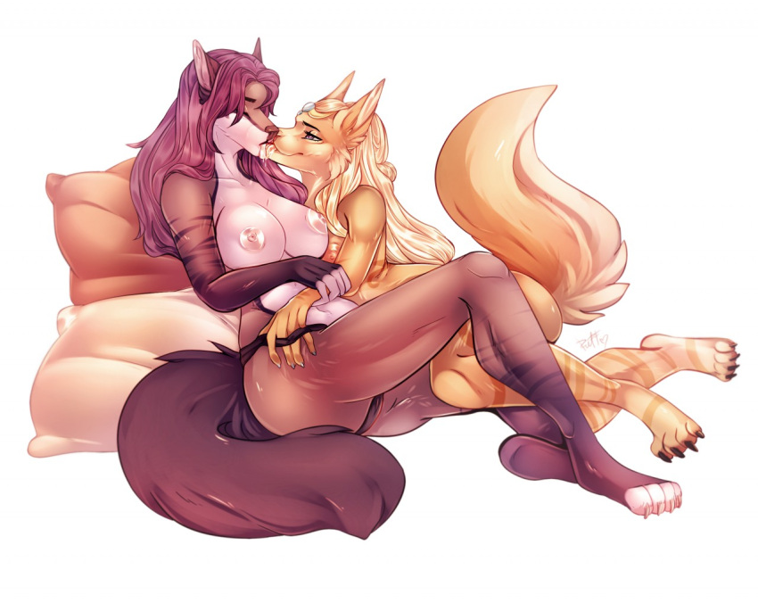 2020 anthro areola breasts canid canine canis clothed clothing digital_media_(artwork) domestic_dog duo female hair kristiana_puff mammal nipples purple_hair smile