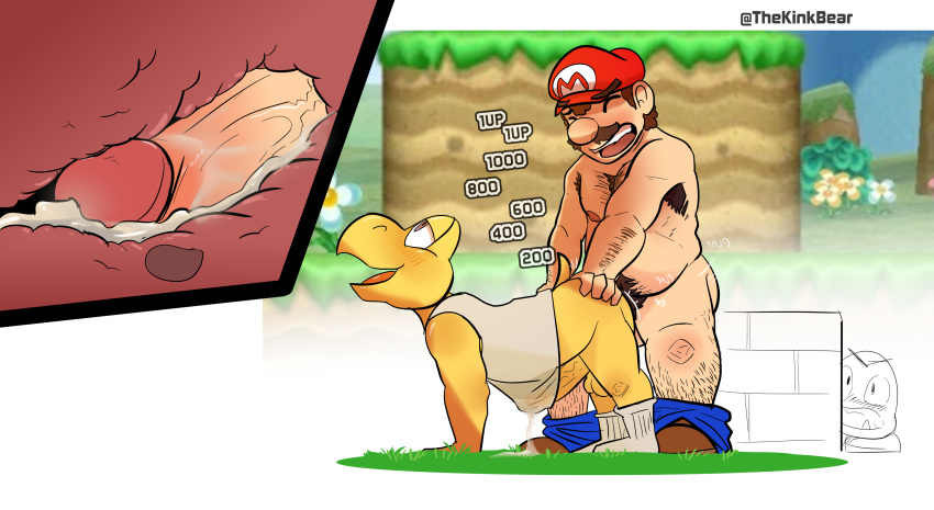 absurd_res all_fours anal anal_orgasm anal_penetration anthro anus armpit_hair balls bareback blush bodily_fluids body_hair chest_hair clothed clothing cum cum_inside dialogue doggystyle duo footwear from_behind_position genital_fluids genitals hi_res human koopa koopa_troopa male male/male mammal mario mario_bros nintendo open_mouth pants_down partially_clothed penetration pubes reptile scalie sex shirt simple_background socks tank_top text thekinkybear topwear turtle video_games