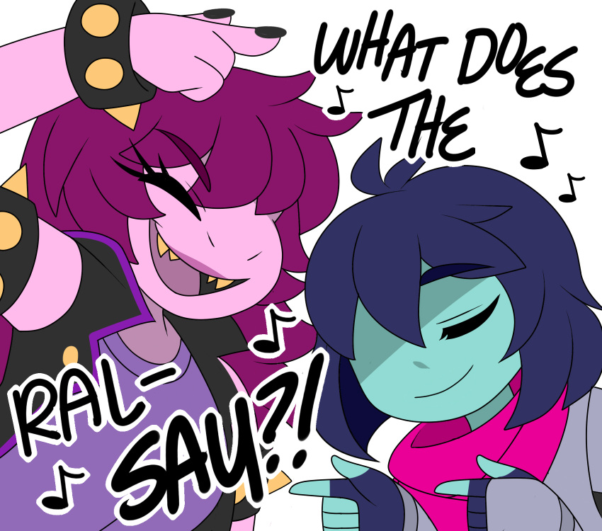 2018 ambiguous_gender anthro blue_body blue_hair blue_skin clothing colored_nails deltarune dialogue digital_media_(artwork) duo english_text female friisans hair hi_res kris_(deltarune) long_hair musical_note nails pink_body pink_hair pink_skin reptile scalie singing susie_(deltarune) text video_games