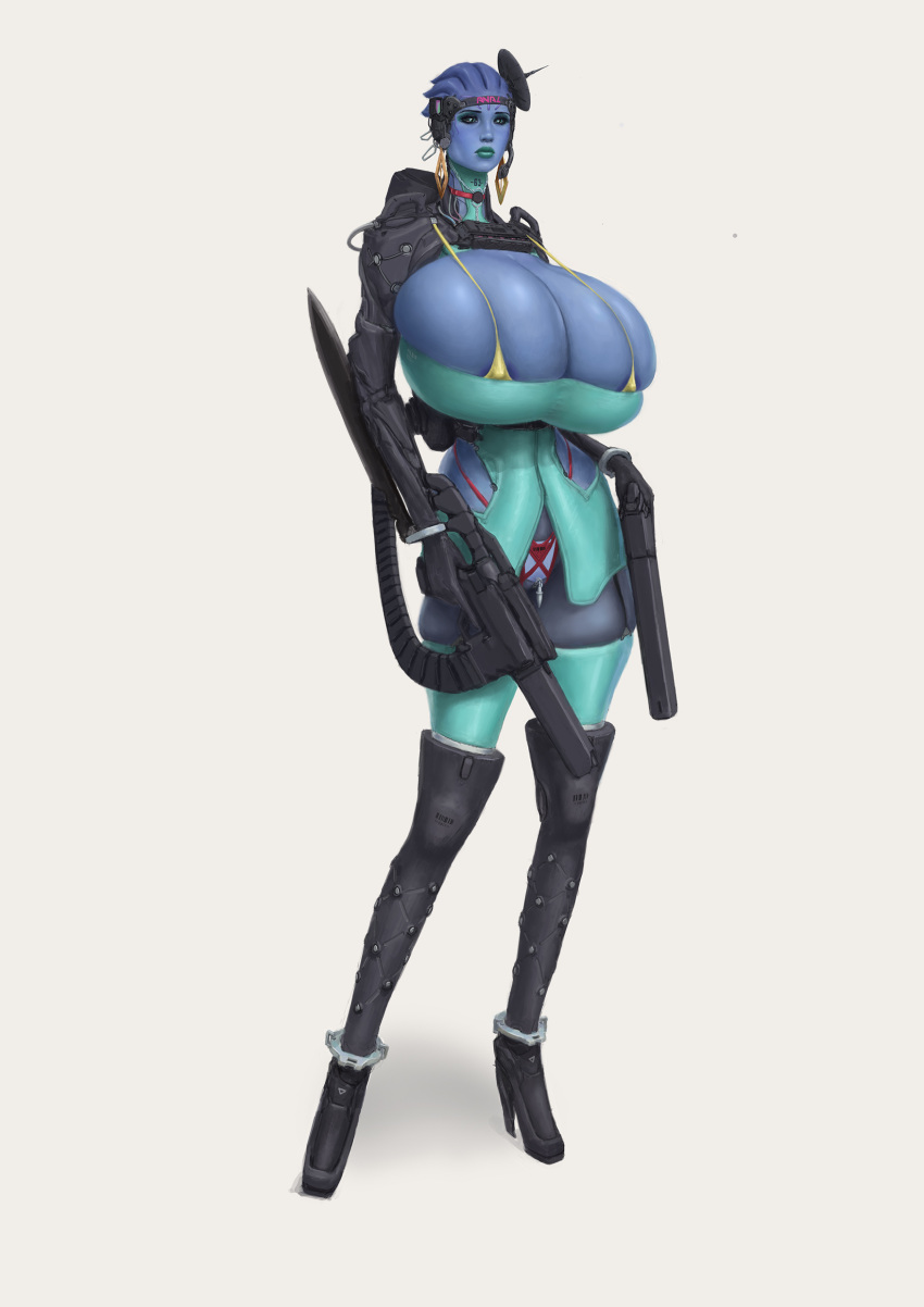 absurd_res accessory alien alien_humanoid areola areola_slip asari blue_body blue_skin boots breasts cleavage cleavage_overflow clothed clothing female footwear green_lipstick gun haydret headband hi_res high_heeled_boots high_heels humanoid lipstick looking_at_viewer makeup mass_effect nipple_outline not_furry ranged_weapon simple_background skimpy solo standing video_games weapon white_background