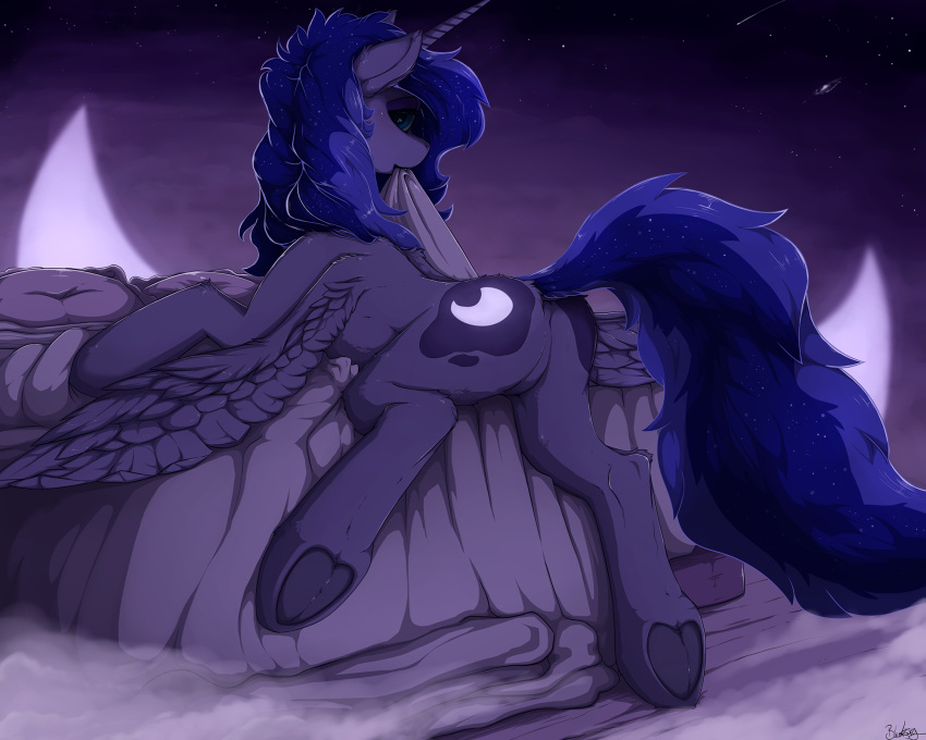 2021 blackkaries blue_hair cosmic_hair cutie_mark detailed_background digital_media_(artwork) equid equine ethereal_hair feathered_wings feathers female feral friendship_is_magic hair hasbro hi_res hooves horn mammal my_little_pony night outside princess_luna_(mlp) sky solo star starry_sky winged_unicorn wings