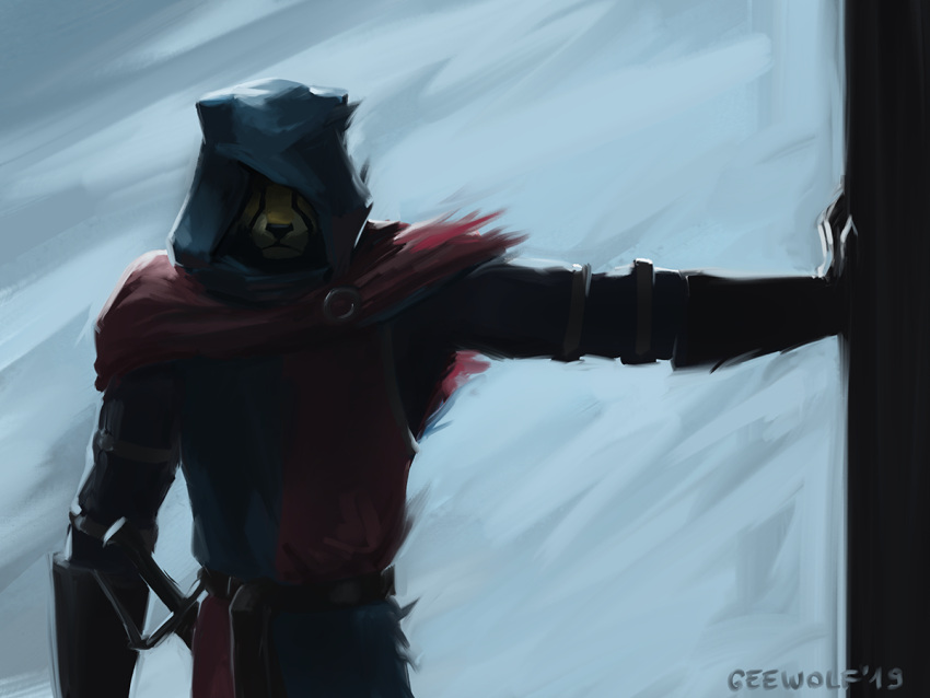 2019 anthro blue_clothing cheetah clothed clothing felid feline fur geewolf hood male mammal melee_weapon red_clothing solo standing sword weapon